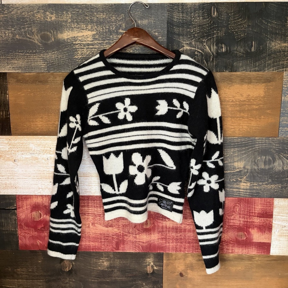 Cop Copine Sweater Angora Lambswool Floral Y2K 90s Vintage Black White Medium